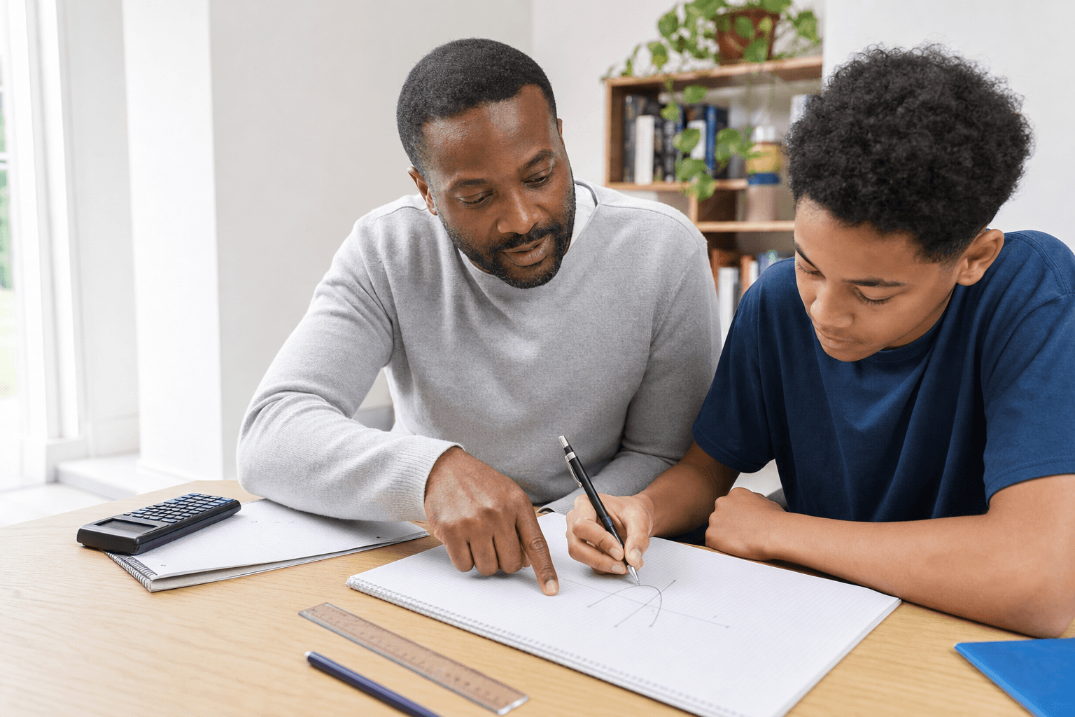 A maths tutor working through a problem with a student