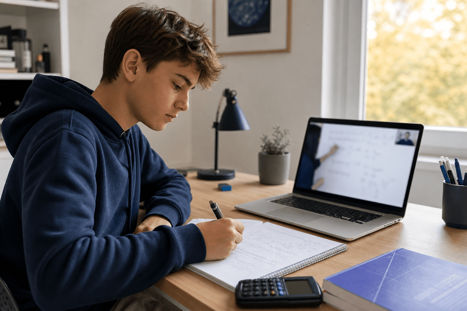 A student taking part in a focused online maths lesson